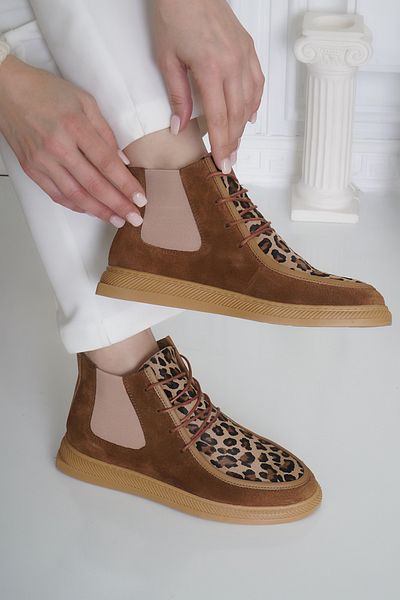 BELİSİA Tan Suede Leather Leopard Print Women's Casual Boots