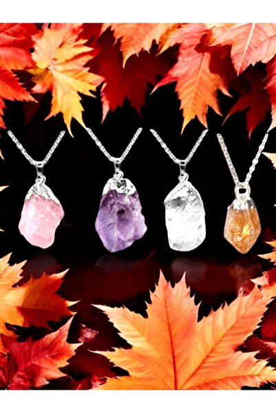Zodyak Doğal Taş 4 LÜ SET HAM KOLYE UCU METAL  ZİNCİRLİ (SERTİFİKALI)(AMETİST-AYTAŞI-PEMBE KUVARS-SİTRİN)