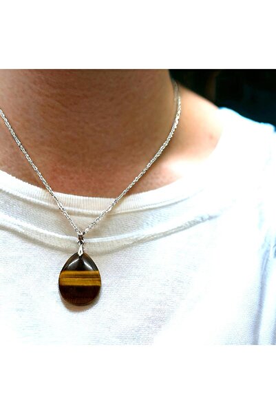 Zodyak Doğal Taş Natural Stone Drop Tiger's Eye Stone Pendant, Non-Tarnishing...