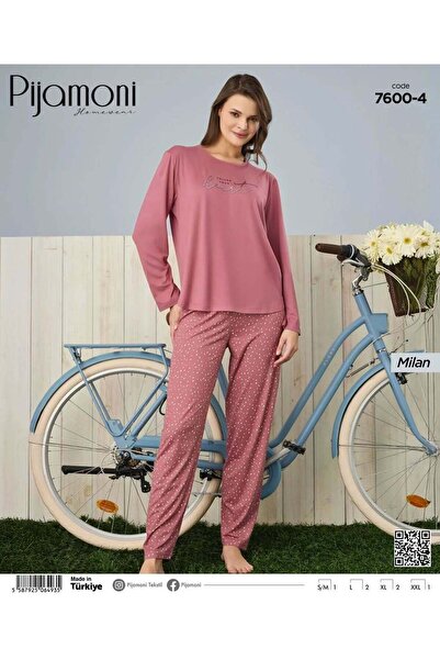 Pijamoni Bambu Milan Kumaş Sıfır Yaka Uzun Kollu Kadın Pijama Takımı