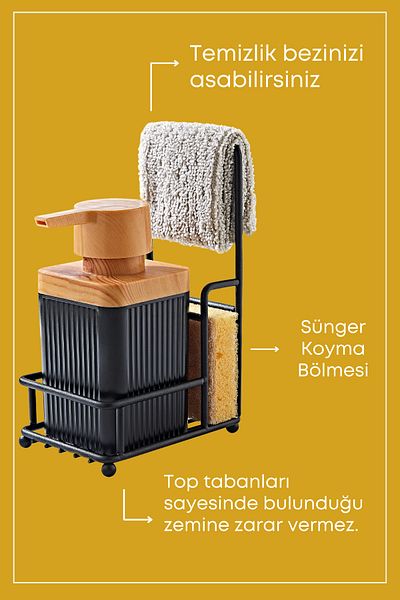 GRİMOR Life Single Black Wooden Acrylic Dishwashing Liquid Soap Dispenser with Metal Stand and Sponge 400 Ml-Cloth Hanger