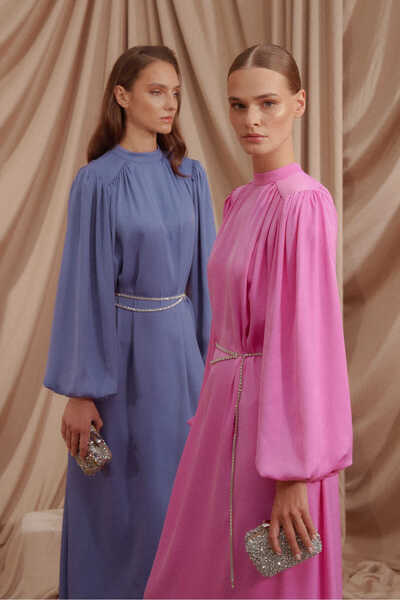 EMNORA Büzgülü Balon Kol Saten Abiye Elbise Pembe