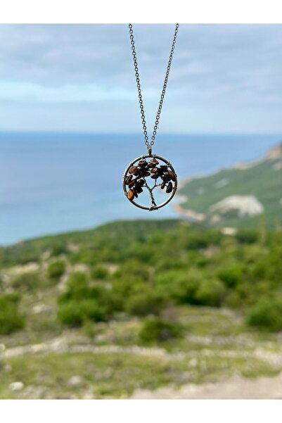 Zodyak Doğal Taş Natural Stone Tree of Life Tiger's Eye Stone Necklace Non-Ta...