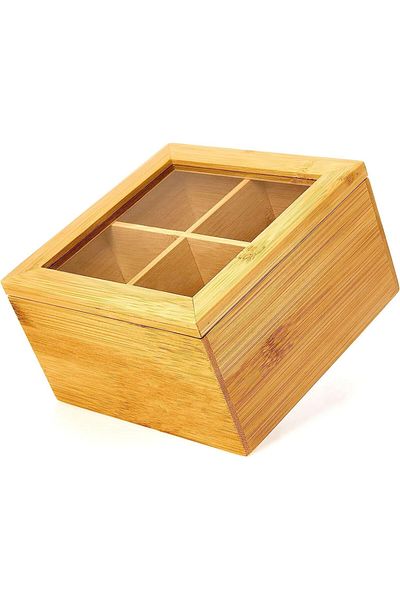 JINOU Tea Box Made with Premium Quality Bamboo Material – 4 Compartment Organizer with Glass Lid