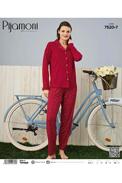Pijamoni Bambu Milan Kumaş Uzun Kollu Gömlek Yaka Kadın Pijama Takımı