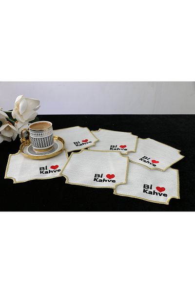 PLT Design Set of 6 Bi-Coffee Patterned Linen Coffee Side Cocktail Presentation Napkins