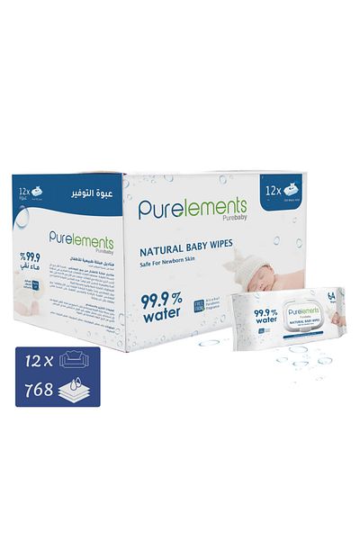 Purelements مناديل طبيعية تحتوي على 99.9% من الماء - عبوة من 12 قطعة - 768 قطعة