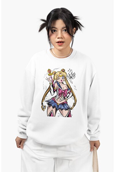 Fuddy Moda Оверсайз-свитшот без капюшона з принтом Sailor Moon, унісекс, з велосипедним коміром, в стилі аніме