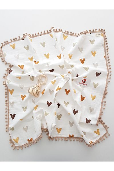 ilkimbebe Hearted 85X90 Pompom Single Layer Muslin Newborn Baby Blanket, 100% Cotton
