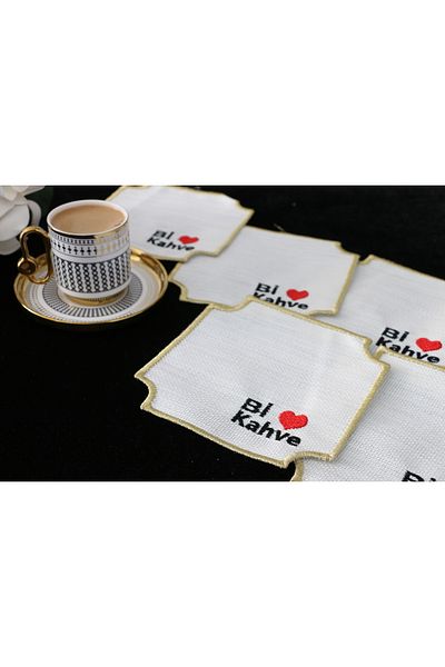 PLT Design Set of 6 Bi-Coffee Patterned Linen Coffee Side Cocktail Presentation Napkins