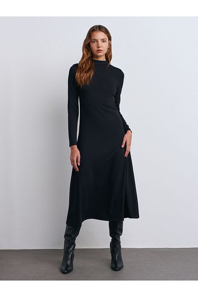 Dilvin 91339 Rochie midi cu mânecă lungă-Negru