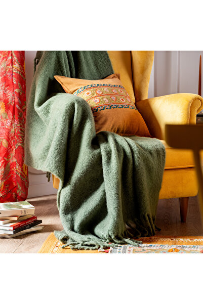 Zsa Zsa Zsu Ropar Saçaklı Akrilik Yün Akrilik Yün Koltuk Şalı 140x180 Cm Orman Yeşilı