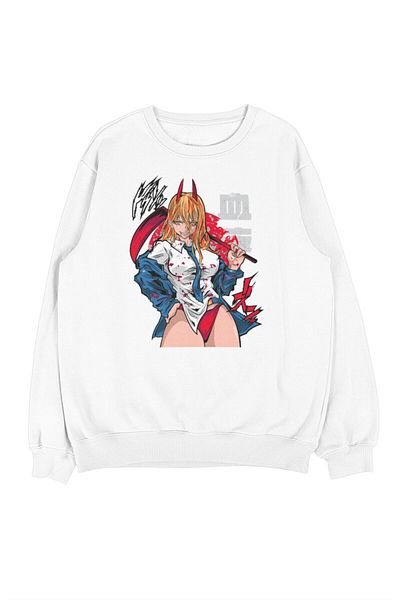 Fuddy Moda Oversize Chainsaw Man Power Printed Hoodless Sweatshirt, Unisex Anime Themed Crew Neck Sweatshirt