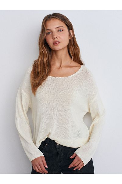Dilvin 10706 Ecru Color Oval Collar Soft Knitwear Sweater