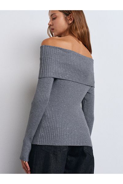Dilvin 10705 Afumat M. - Pulover din tricot cu nervuri cu guler Bardot
