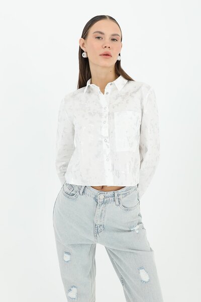 Soul Women's Crop Long Sleeve Foil Patterned Shirt -24S-31769Gml - Ecru