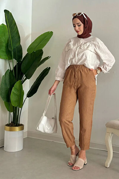 Tesettür Diyarı Γυναικείο Παντελόνι Sofia Linen - Ύφασμα Melange, Χρώμα Κρεμ