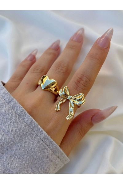 Eylülün Takısı Women's Gold Color Adjustable 2-Piece Bow Heart Ring
