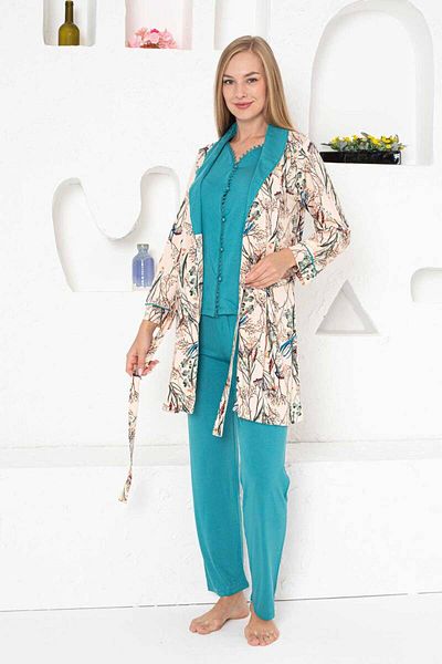 ALİMER Set pijama și rochie din lycra din 3 piese cu dantelă de smarald - 2741