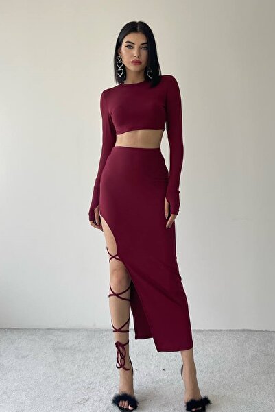 barış sülün lovebox Țesătură elastică - Bluză crop și fustă midi cu croială manuală Costum din două piese roșu Claret 299