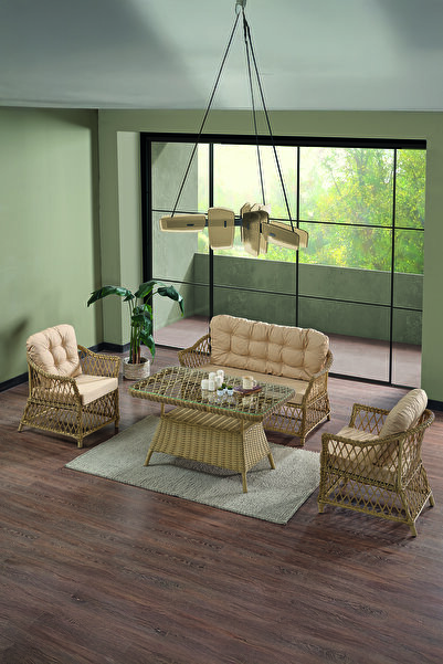 Evdemo Icon Rattan Bahçe Balkon Oturma Takımı 2+1+1+Camlı Masa Cappuccino
