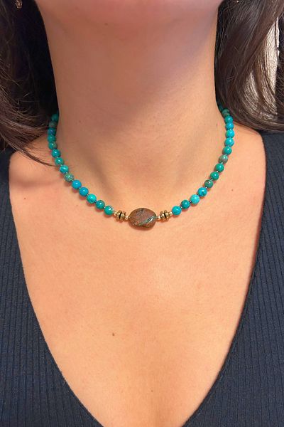 Suerte Accessories Turquoise Natural Stone Brown Agate Natural Stone Nib Special Design Handmade Necklace