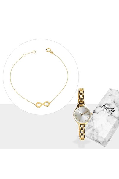 Glorria Altın Sonsuzluk Bileklik, Saatli Hediye Seti - Sv0148-hs