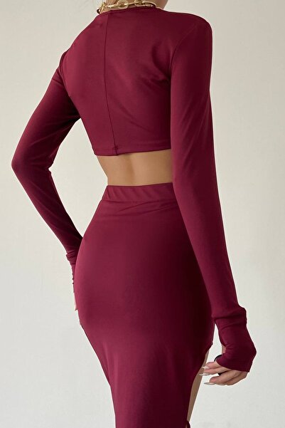 bayansepeti Burgundy Stretchy Fabric Hand-Held Crop Blouse and Slit Lace-Up Design Midi Skirt Two-Piece Set 299