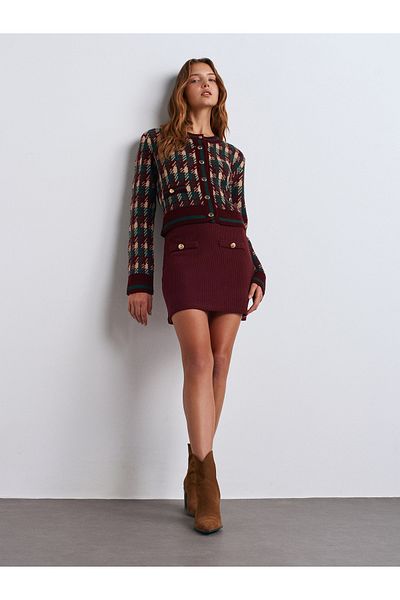 Dilvin 80409 Fusta mini cu detaliu cu nasturi-Bordeaux