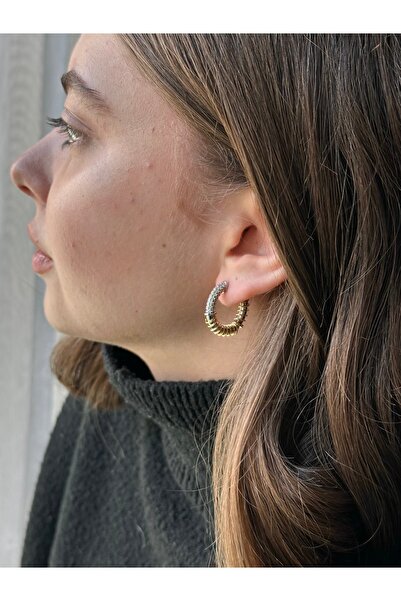 Serenity Atelier Yeni Sezon Zirkon Taşlı Gold Spiral DetaylI Silver Halka Küpe