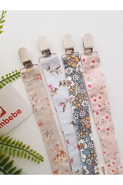 ilkimbebe Set of 4 Floral Patterned Baby Pacifiers - Strap and Chain
