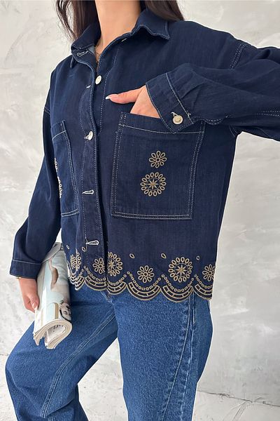 FEMELLE Jachetă de damă, albastru bleumarin, cu broderie cu buzunar dublu