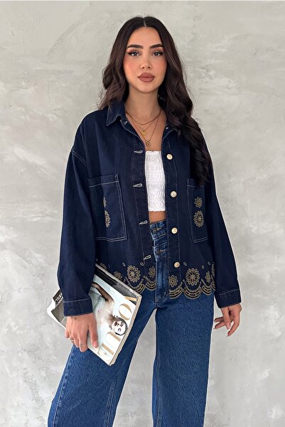 FEMELLE Жіноча темно-синя джинсова куртка з двома кишенями та вишивкою