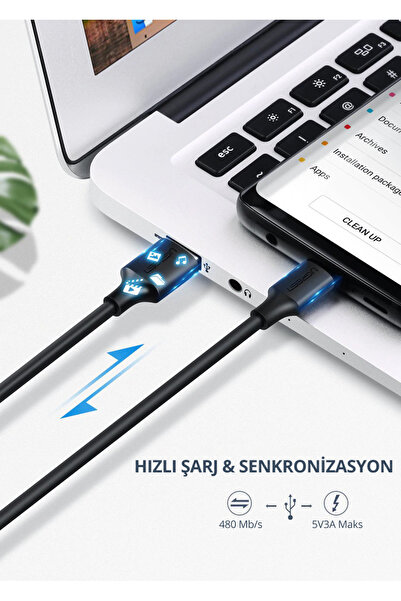 Ugreen USB-C to USB-A 3A QC Hızlı Şarj Kablosu, 0,5 Metre, Siyah - 60115
