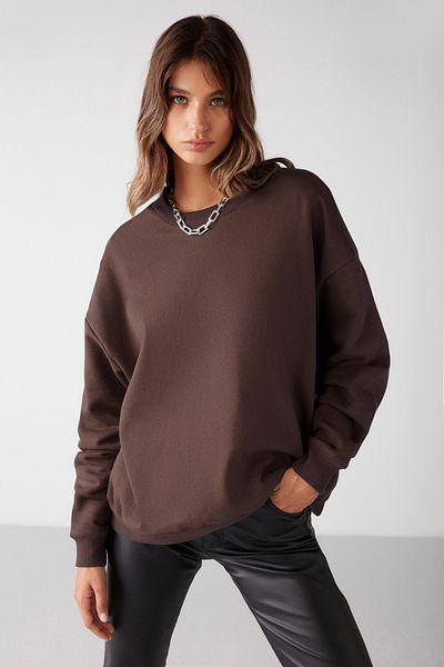 GRIMELANGE Vaneltina Women's Organic Cotton Soft Fleece Inside Round Neck Brown Sweatshirt