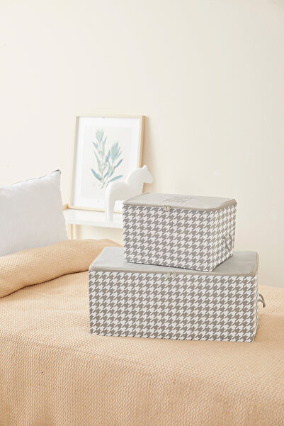 renklibebek 2'li- Orta Ve Küçük Boy Gri Kazayağı Desen Baza Altı Çeyiz Kazak Organizer Hurç