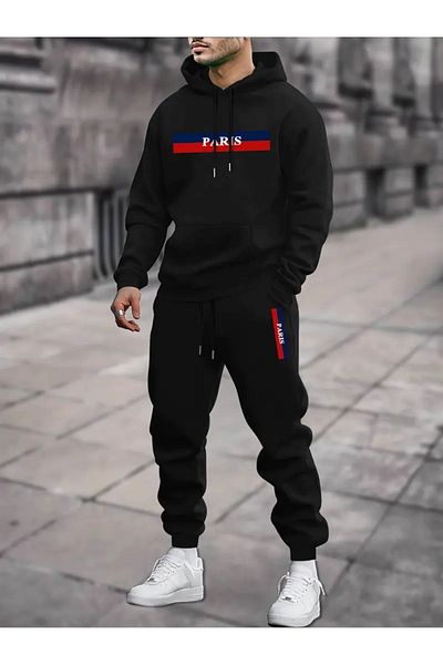 LAND MODA Унисекс черен анцуг с качулка