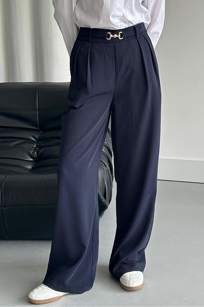 Madmext Navy Blue High Waist Belt Wide Leg Women's Trousers Mg2297