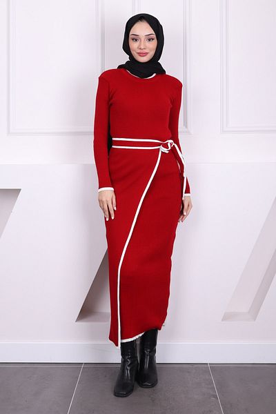 İmajButik Red Side Tie Detailed Ribbed Double Knitwear Dress