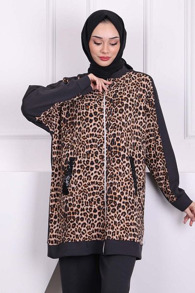 İmajButik Leopard Print Smoked Sequined Tunic - Pants