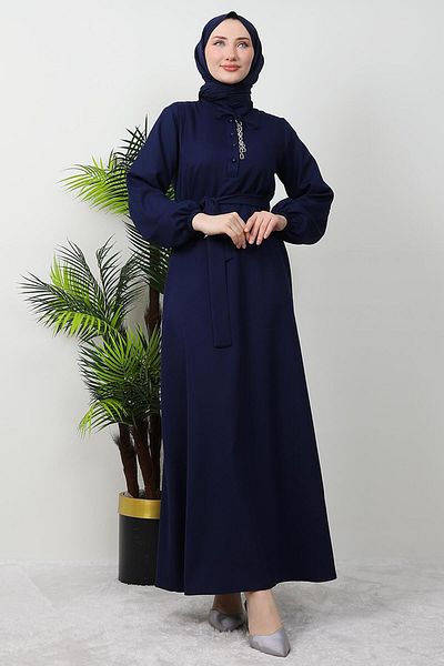 GİZ AGİYİM Navy Blue Dress - Chain Button Detail