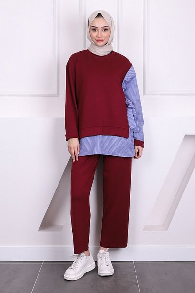 İmajButik Burgundy Side Tie Modal Tunic Pants Set