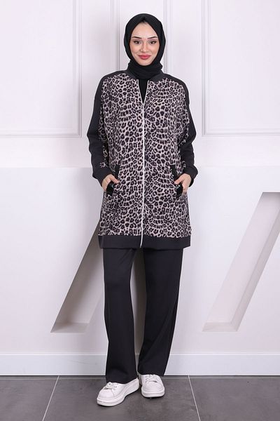 İmajButik Leopard Print Smoked Gray Sequined Tunic - Pants