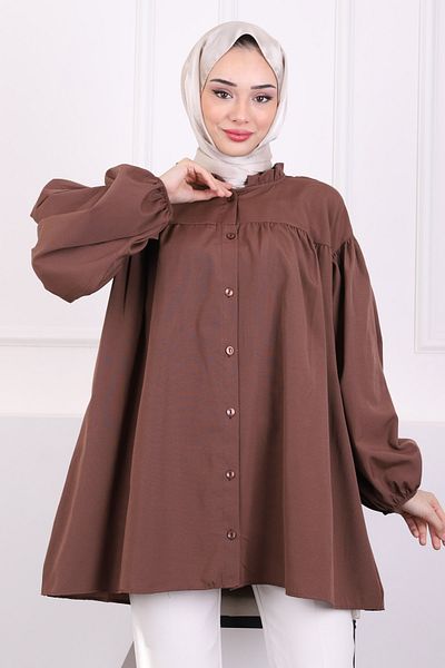 İmajButik Brown Collar Ruffled Balloon Sleeve Tunic
