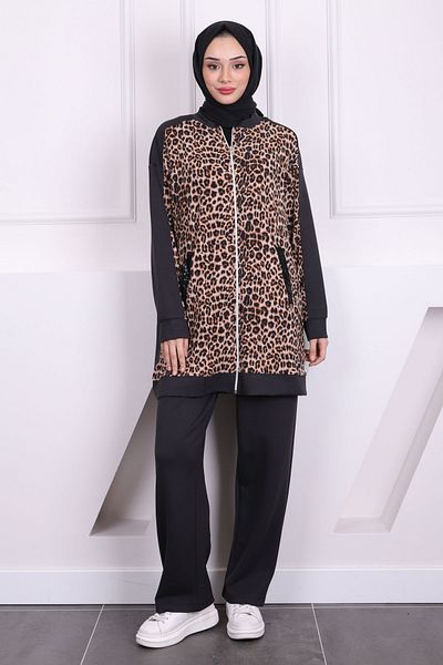 İmajButik Leopard Print Smoked Sequined Tunic - Pants