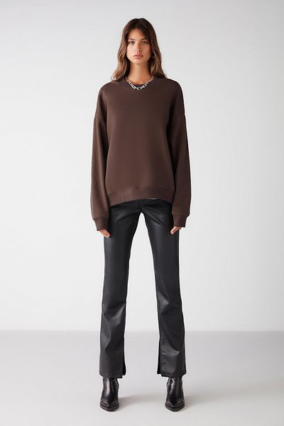 GRIMELANGE Vaneltina Women's Organic Cotton Soft Fleece Inside Round Neck Brown Sweatshirt