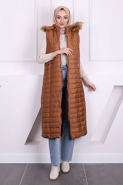 İmajButik Tan Hooded Puffer Vest
