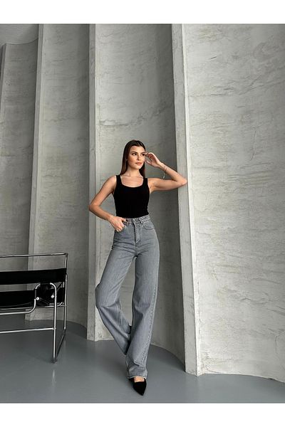 BROWSER Women's Gray High Waist Stitching Detail Wide Leg Palazzo Jeans