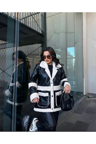 Neba Boutique Women's Faux Fur Shiny Leather Coat