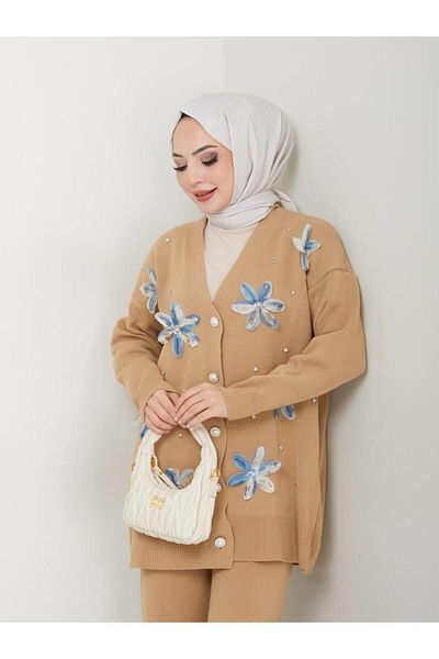 moda periy Women's Floral Cardigan Trousers Double Hijab Knitwear Suit Hijab Combination